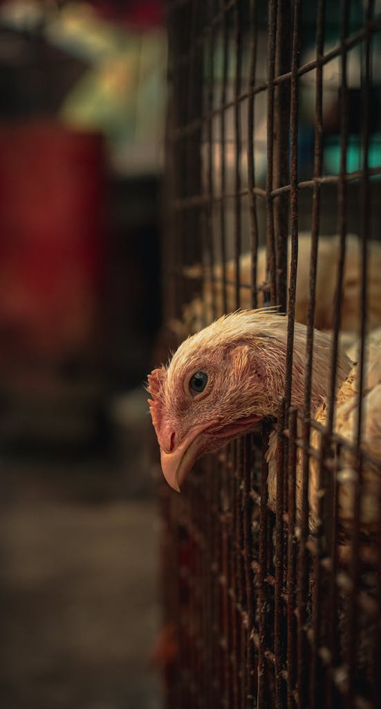 Close-up of a hen peering out of a cage in Brahmapur, India. Captures the essence of livestock confinement.