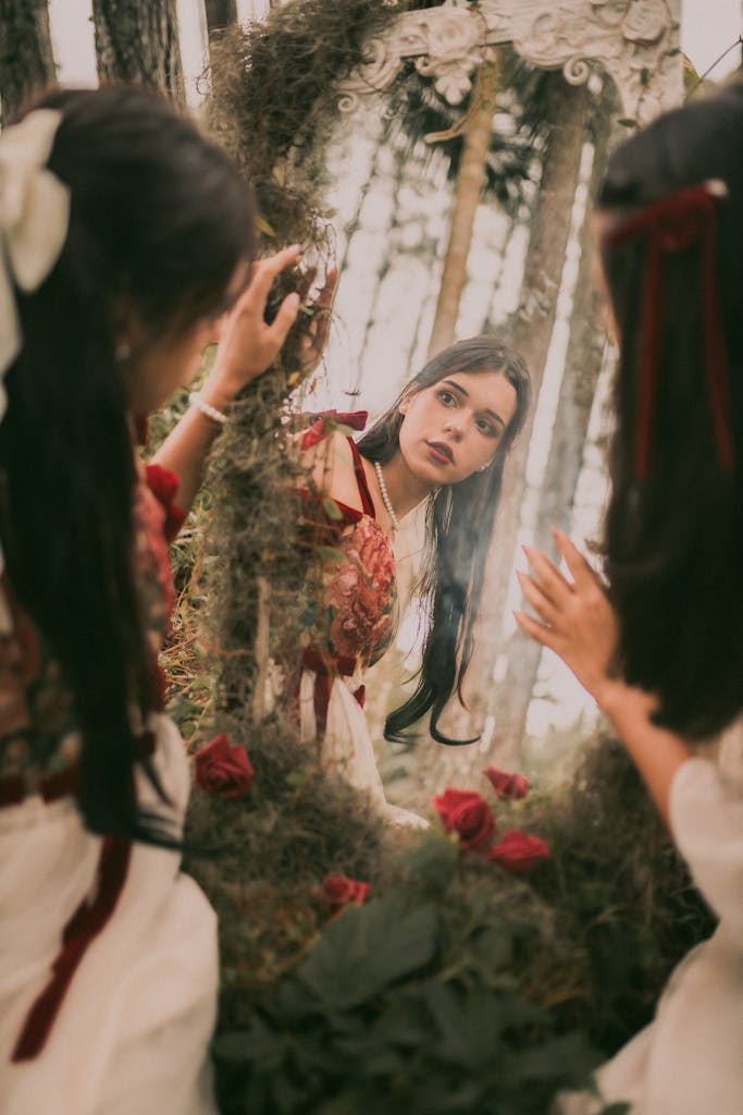 Captivating reflection of a woman in a fairytale forest setting creates a mystical atmosphere.