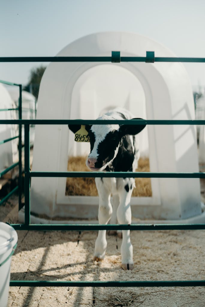 A young Holstein calf standing in a farm pen, surrounded by farm structures on a sunny day.