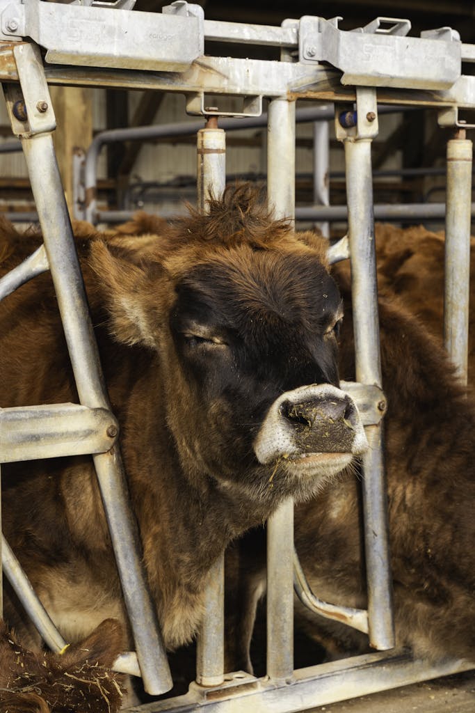 Brown cow in a feeding pen on a farm in New Holland, PA, showcasing livestock farming.